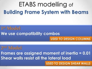 ETABS modelling of
 Building Frame System with Beams


1st Model
We use compatibility combos
                        USED TO DESIGN COLUMNS


2nd Model
Frames are assigned moment of inertia = 0.01
Shear walls resist all the lateral load
                      USED TO DESIGN SHEAR WALLS
 