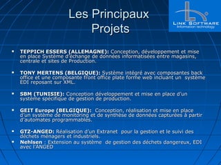 Les PrincipauxLes Principaux
ProjetsProjets
 TEPPICH ESSERS (ALLEMAGNE):TEPPICH ESSERS (ALLEMAGNE): Conception, développement et miseConception, développement et mise
en place Système d’échange de données informatisées entre magasins,en place Système d’échange de données informatisées entre magasins,
centrale et sites de Production.centrale et sites de Production.
 TONY MERTENS (BELGIQUE):TONY MERTENS (BELGIQUE): Système intégré avec composantes backSystème intégré avec composantes back
office et une composante front office plate forme web incluant un systèmeoffice et une composante front office plate forme web incluant un système
EDI reposant sur XML.EDI reposant sur XML.
 SBM (TUNISIE):SBM (TUNISIE): Conception développement et mise en place d’unConception développement et mise en place d’un
système spécifique de gestion de production.système spécifique de gestion de production.
 GEIT Europe (BELGIQUE):GEIT Europe (BELGIQUE): Conception, réalisation et mise en placeConception, réalisation et mise en place
d’un système de monitoring et de synthèse de données capturées à partird’un système de monitoring et de synthèse de données capturées à partir
d’automates programmables.d’automates programmables.
 GTZ-ANGED:GTZ-ANGED: Réalisation d’un Extranet pour la gestion et le suivi desRéalisation d’un Extranet pour la gestion et le suivi des
déchets ménagers et industriels.déchets ménagers et industriels.
 NehlsenNehlsen : Extension au système de gestion des déchets dangereux, EDI: Extension au système de gestion des déchets dangereux, EDI
avec l’ANGEDavec l’ANGED
 
