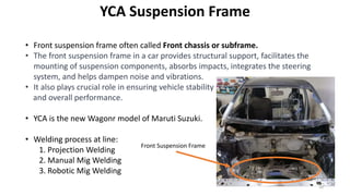 YCA Suspension Frame
Front Suspension Frame
• Front suspension frame often called Front chassis or subframe.
• The front suspension frame in a car provides structural support, facilitates the
mounting of suspension components, absorbs impacts, integrates the steering
system, and helps dampen noise and vibrations.
• It also plays crucial role in ensuring vehicle stability
and overall performance.
• YCA is the new Wagonr model of Maruti Suzuki.
• Welding process at line:
1. Projection Welding
2. Manual Mig Welding
3. Robotic Mig Welding
10
 
