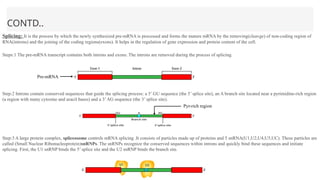CONTD..
Splicing: It is the process by which the newly synthesized pre-mRNA is processed and forms the mature mRNA by the removing(cleavge) of non-coding region of
RNA(introns) and the joining of the coding regions(exons). It helps in the regulation of gene expression and protein content of the cell.
Steps:1 The pre-mRNA transcript contains both introns and exons. The introns are removed during the process of splicing.
Step:2 Introns contain conserved sequences that guide the splicing process: a 5’ GU sequence (the 5’ splice site), an A branch site located near a pyrimidine-rich region
(a region with many cytosine and uracil bases) and a 3’AG sequence (the 3’ splice site).
Step:3 A large protein complex, spliceosome controls mRNA splicing .It consists of particles made up of proteins and 5 snRNA(U1,U2,U4,U5,UC). These particles are
called (Small Nuclear Ribonucleoprotein)snRNPs. The snRNPs recognize the conserved sequences within introns and quickly bind these sequences and initiate
splicing. First, the U1 snRNP binds the 5’ splice site and the U2 snRNP binds the branch site.
Pre-mRNA
Pyr-rich region
 