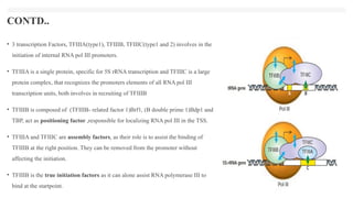 CONTD..
• 3 transcription Factors, TFIIIA(type1), TFIIIB, TFIIIC(type1 and 2) involves in the
initiation of internal RNA pol III promoters.
• TFIIIA is a single protein, specific for 5S rRNA transcription and TFIIIC is a large
protein complex, that recognizes the promoters elements of all RNA pol III
transcription units, both involves in recruiting of TFIIIB
• TFIIIB is composed of (TFIIIB- related factor 1)Brf1, (B double prime 1)Bdp1 and
TBP, act as positioning factor ,responsible for localizing RNA pol III in the TSS.
• TFIIIA and TFIIIC are assembly factors, as their role is to assist the binding of
TFIIIB at the right position. They can be removed from the promoter without
affecting the initiation.
• TFIIIB is the true initiation factors as it can alone assist RNA polymerase III to
bind at the startpoint.
 