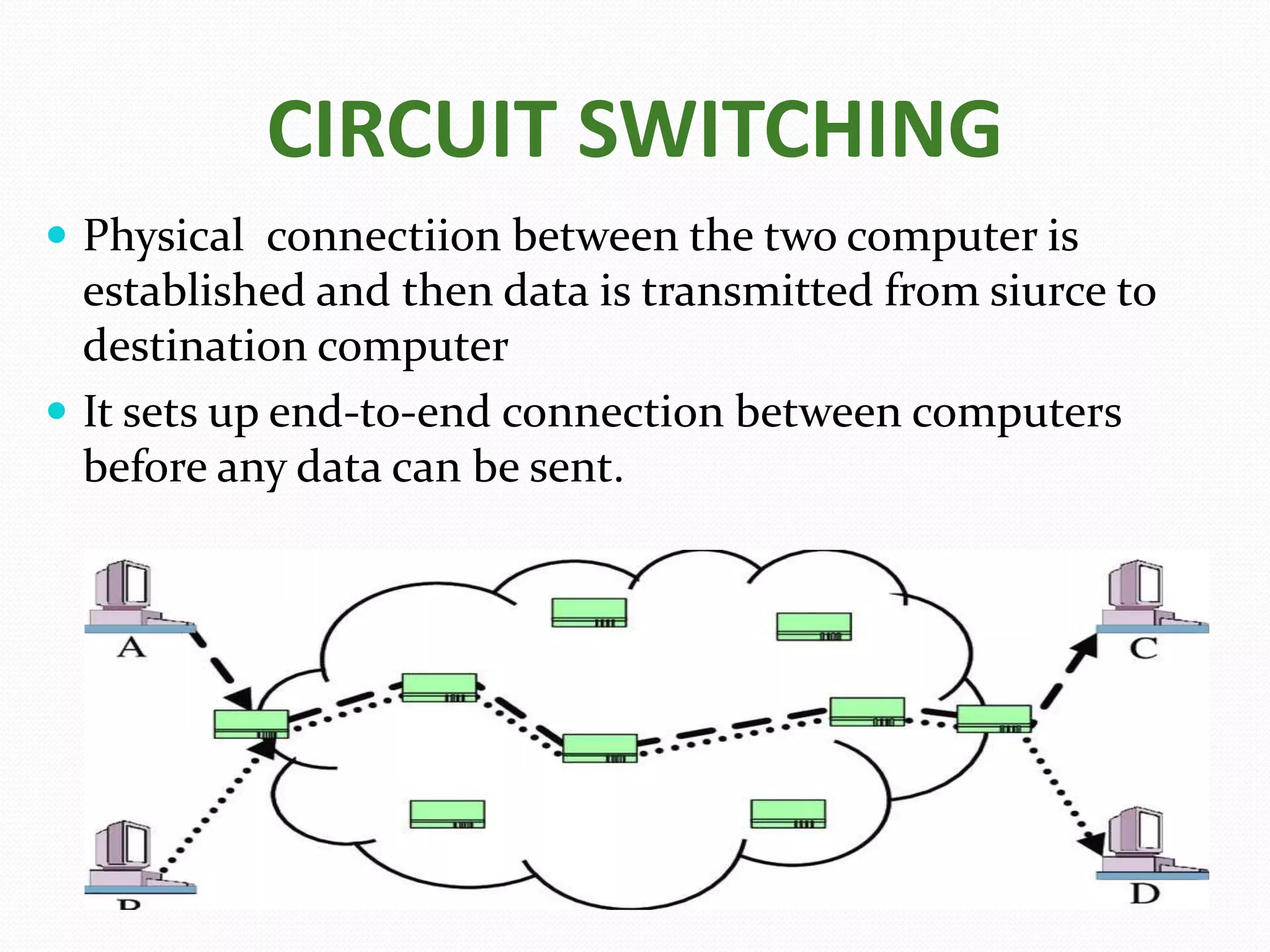 CIRCUIT SWITCHING
 Physical connectiion between the two computer is
established and then data is transmitted from siurce to
destination computer
 It sets up end-to-end connection between computers
before any data can be sent.
 