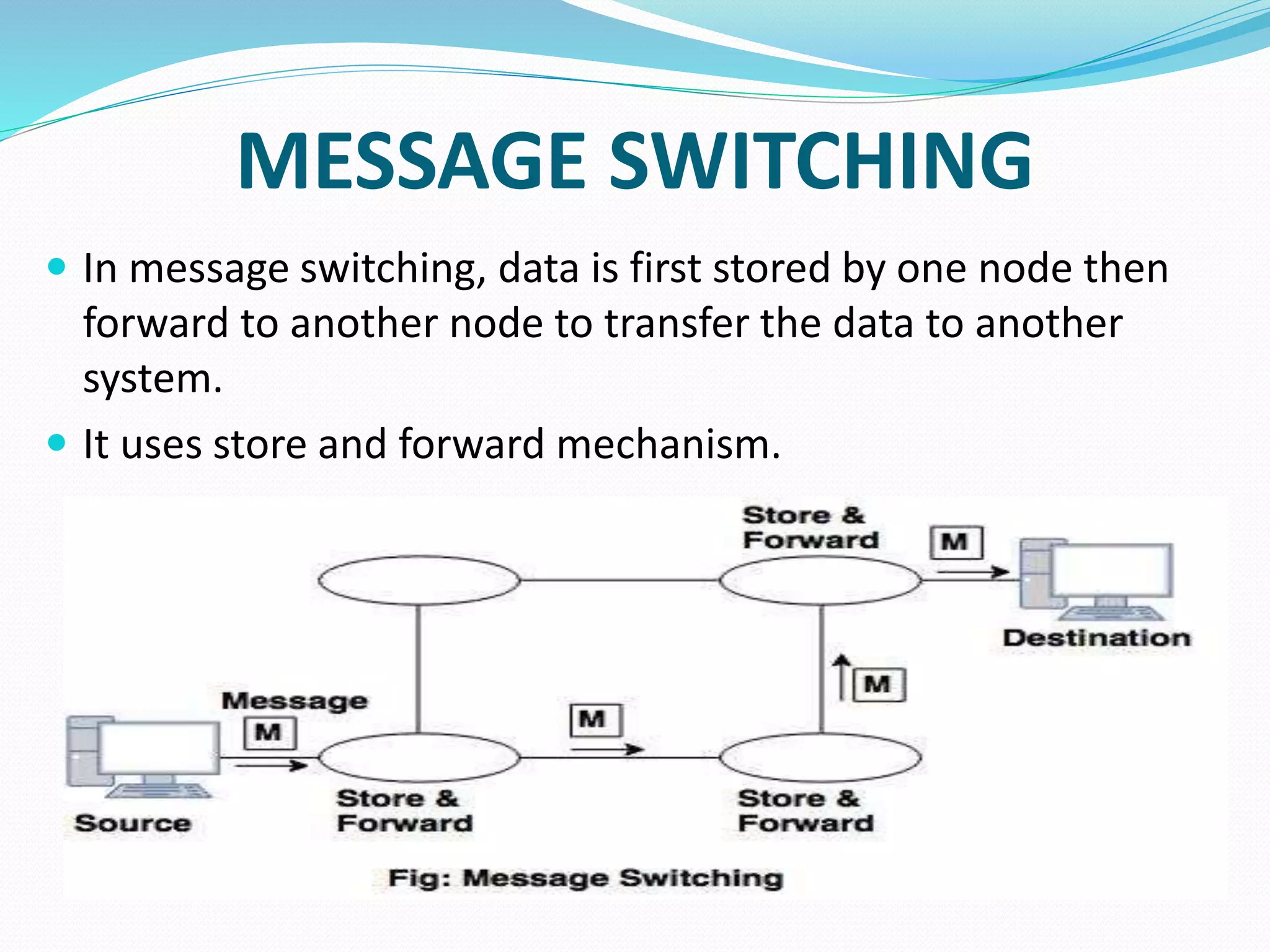 MESSAGE SWITCHING
 In message switching, data is first stored by one node then
forward to another node to transfer the data to another
system.
 It uses store and forward mechanism.
 