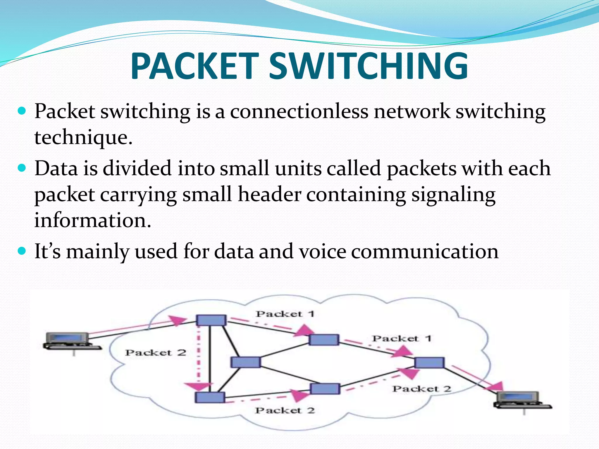 PACKET SWITCHING
 Packet switching is a connectionless network switching
technique.
 Data is divided into small units called packets with each
packet carrying small header containing signaling
information.
 It’s mainly used for data and voice communication
 