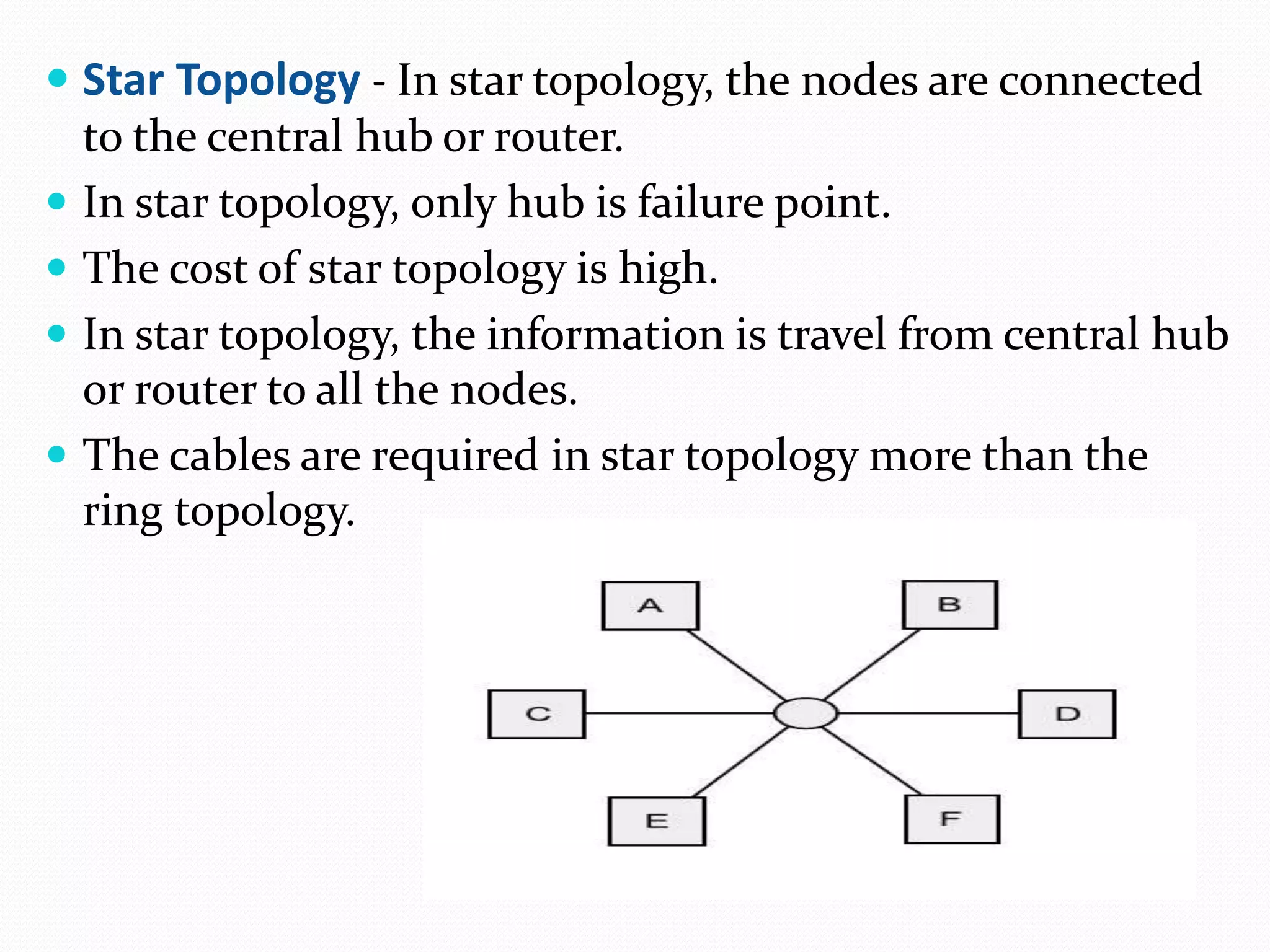  Star Topology - In star topology, the nodes are connected
to the central hub or router.
 In star topology, only hub is failure point.
 The cost of star topology is high.
 In star topology, the information is travel from central hub
or router to all the nodes.
 The cables are required in star topology more than the
ring topology.
 