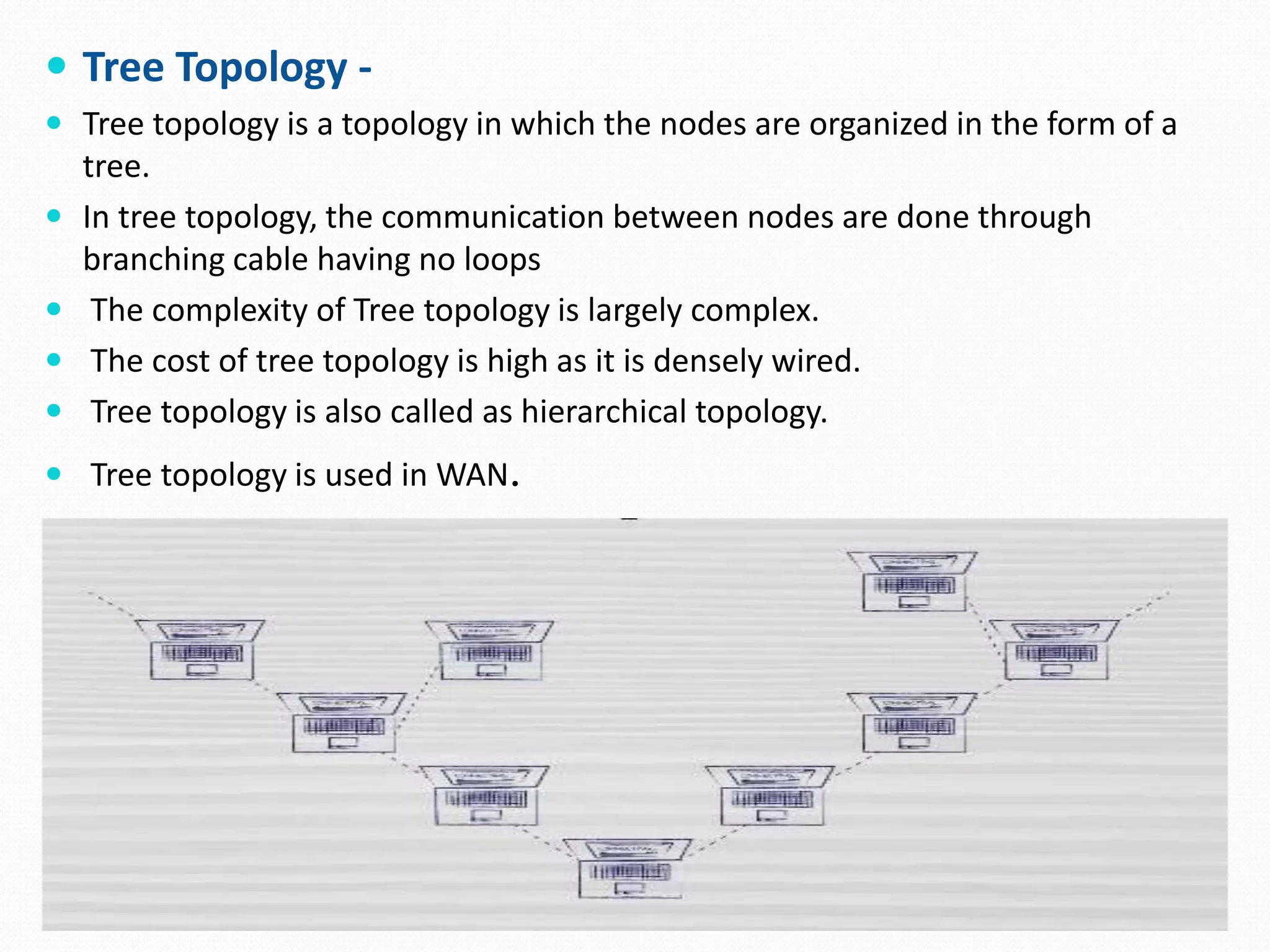  Tree Topology -
 Tree topology is a topology in which the nodes are organized in the form of a
tree.
 In tree topology, the communication between nodes are done through
branching cable having no loops
 The complexity of Tree topology is largely complex.
 The cost of tree topology is high as it is densely wired.
 Tree topology is also called as hierarchical topology.
 Tree topology is used in WAN.
 