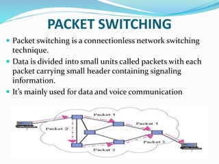 PACKET SWITCHING
 Packet switching is a connectionless network switching
technique.
 Data is divided into small units called packets with each
packet carrying small header containing signaling
information.
 It’s mainly used for data and voice communication
 
