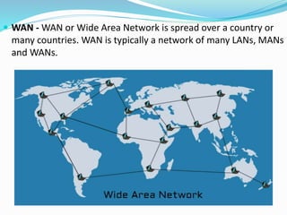  WAN - WAN or Wide Area Network is spread over a country or
many countries. WAN is typically a network of many LANs, MANs
and WANs.
 