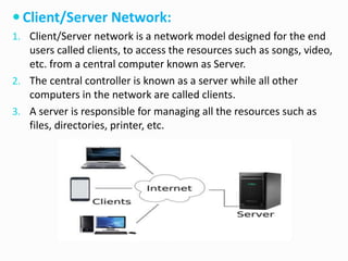  Client/Server Network:
1. Client/Server network is a network model designed for the end
users called clients, to access the resources such as songs, video,
etc. from a central computer known as Server.
2. The central controller is known as a server while all other
computers in the network are called clients.
3. A server is responsible for managing all the resources such as
files, directories, printer, etc.
 