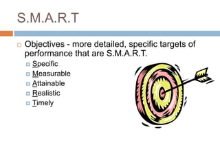 S.M.A.R.T
   Objectives - more detailed, specific targets of
    performance that are S.M.A.R.T.
     Specific
     Measurable
     Attainable
     Realistic
     Timely
 