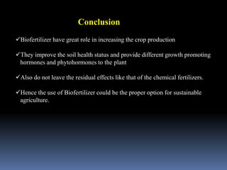 Biofertilizer have great role in increasing the crop production
They improve the soil health status and provide different growth promoting
hormones and phytohormones to the plant
Also do not leave the residual effects like that of the chemical fertilizers.
Hence the use of Biofertilizer could be the proper option for sustainable
agriculture.
Conclusion
 