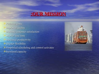 ::OOUURR MMIISSSSIIOONN 
RReedduucceedd ccoossttss 
IImmpprroovveedd qquuaalliittyy 
IInnccrreeaassee ccuussttoommeerr ssaattiissffaaccttiioonn 
SShhoorrtteerr lleeaadd ttiimmee 
IInnccrreeaasseedd pprroodduuccttiivviittyy 
GGrreeaatteerr fflleexxiibbiilliittyy 
SSiimmpplliiffiieedd sscchheedduulliinngg aanndd ccoonnttrrooll aaccttiivvaatteess 
IInnccrreeaasseedd ccaappaacciittyy 
 