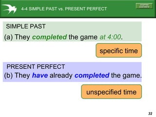 32
4-4 SIMPLE PAST vs. PRESENT PERFECT
SIMPLE PAST
(a) They completed the game at 4:00.
PRESENT PERFECT
(b) They have already completed the game.
specific time
unspecified time
 