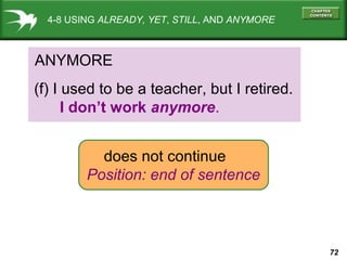 72
4-8 USING ALREADY, YET, STILL, AND ANYMORE
ANYMORE
(f) I used to be a teacher, but I retired.
I don’t work anymore.
does not continue
Position: end of sentence
 
