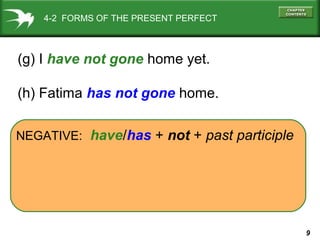 9
NEGATIVE: have/has + not + past participle
4-2 FORMS OF THE PRESENT PERFECT
(g) I have not gone home yet.
(h) Fatima has not gone home.
 