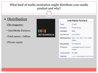 What kind of media institution might distribute your media product and why?DistributionVibe magazine: InterMedia Partners