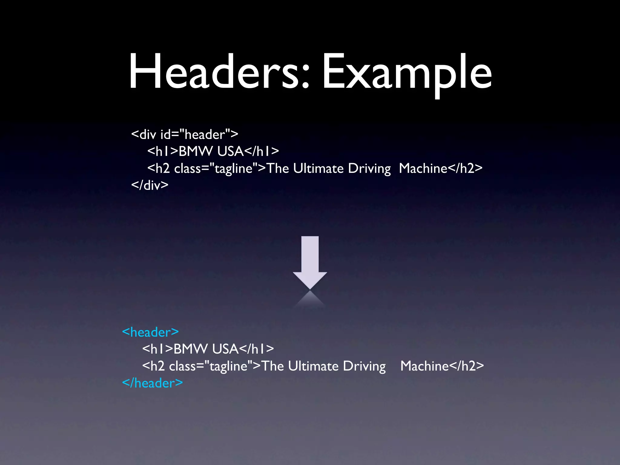 Headers: Example
 <div id="header">
   <h1>BMW USA</h1>
   <h2 class="tagline">The Ultimate Driving Machine</h2>
 </div>




<header>
   <h1>BMW USA</h1>
   <h2 class="tagline">The Ultimate Driving 
 Machine</h2>
</header>
 