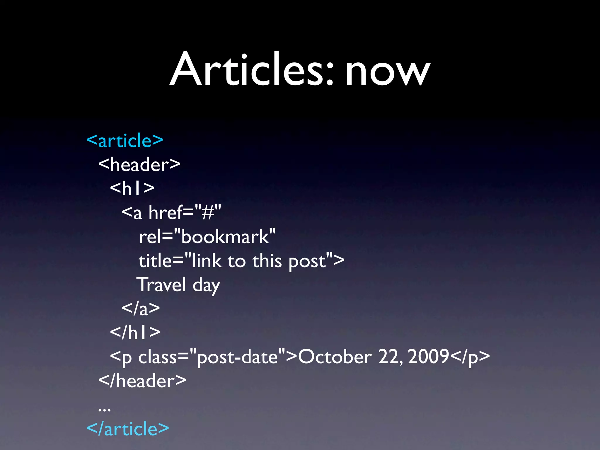 Articles: now
<article>
 <header>
    <h1>
     <a href="#"
       rel="bookmark"
       title="link to this post">
       Travel day
     </a>
    </h1>
    <p class="post-date">October 22, 2009</p>
 </header>
 ...
</article>
 