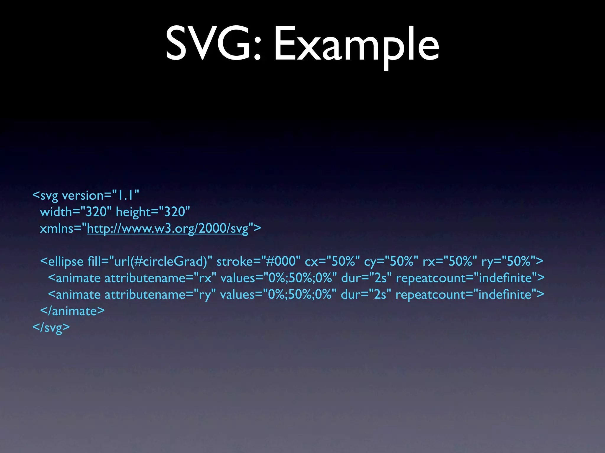SVG: Example

<svg version="1.1"
 width="320" height="320"
 xmlns="http://www.w3.org/2000/svg">

 <ellipse ﬁll="url(#circleGrad)" stroke="#000" cx="50%" cy="50%" rx="50%" ry="50%">
   <animate attributename="rx" values="0%;50%;0%" dur="2s" repeatcount="indeﬁnite">
   <animate attributename="ry" values="0%;50%;0%" dur="2s" repeatcount="indeﬁnite">
 </animate>
</svg>
 