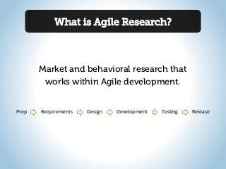 What is Agile Research?
Market and behavioral research that
works within Agile development.
Prep	
   Requirements	
   Design	
   Development	
   Tes4ng	
   Release	
  
 