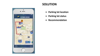 SOLUTION
⢠Parking lot location
⢠Parking lot status
⢠Recommendation