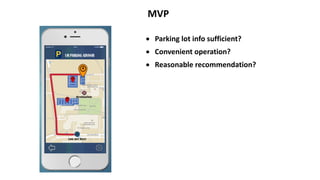 MVP
⢠Parking lot info sufficient?
⢠Convenient operation?
⢠Reasonable recommendation?