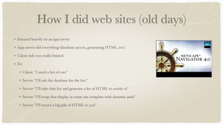 How I did web sites (old days)
Focused heavily on an app server
App server did everything (database access, generating HTML, etc)
Client-side was really limited
Ex:
Client: "I need a list of cats"
Server: "I'll ask the database for the list."
Server: "I'll take that list and generate a lot of HTML to render it"
Server: "I'll wrap that display in some site template with dynamic junk"
Server: "I'll return a big pile of HTML to you"
 