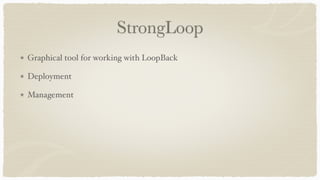 StrongLoop
Graphical tool for working with LoopBack
Deployment
Management
 