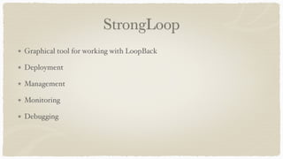 StrongLoop
Graphical tool for working with LoopBack
Deployment
Management
Monitoring
Debugging
 