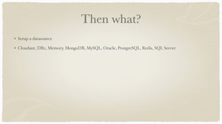 Then what?
Setup a datasource
Cloudant, DB2, Memory, MongoDB, MySQL, Oracle, PostgreSQL, Redis, SQL Server
 