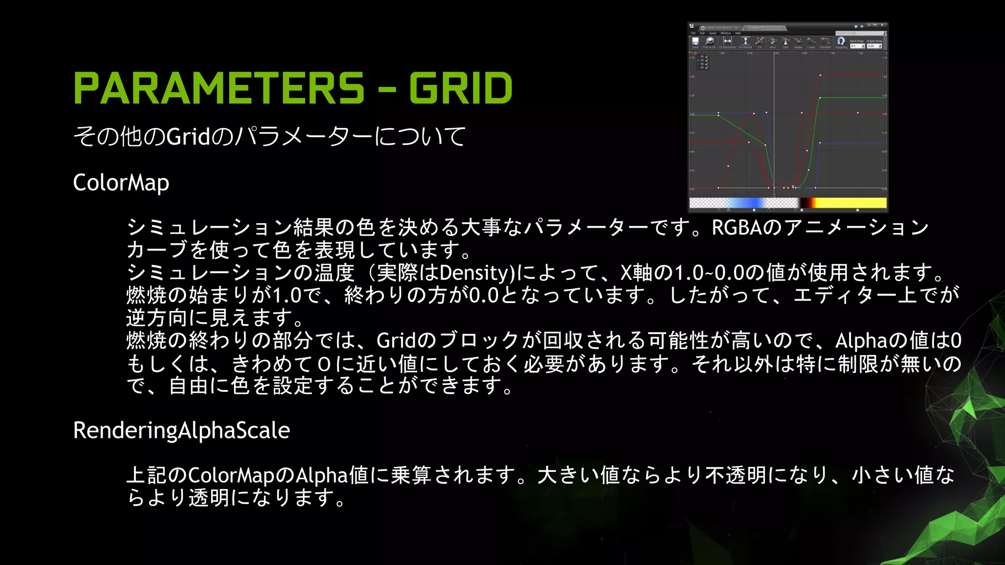 その他のGridのパラメーターについて
ColorMap
シミュレーション結果の色を決める大事なパラメーターです。RGBAのアニメーション
カーブを使って色を表現しています。
シミュレーションの温度（実際はDensity)によって、X軸の1.0~0.0の値が使用されます。
燃焼の始まりが1.0で、終わりの方が0.0となっています。したがって、エディター上でが
逆方向に見えます。
燃焼の終わりの部分では、Gridのブロックが回収される可能性が高いので、Alphaの値は0
もしくは、きわめて０に近い値にしておく必要があります。それ以外は特に制限が無いの
で、自由に色を設定することができます。
RenderingAlphaScale
上記のColorMapのAlpha値に乗算されます。大きい値ならより不透明になり、小さい値な
らより透明になります。
PARAMETERS - GRID
 