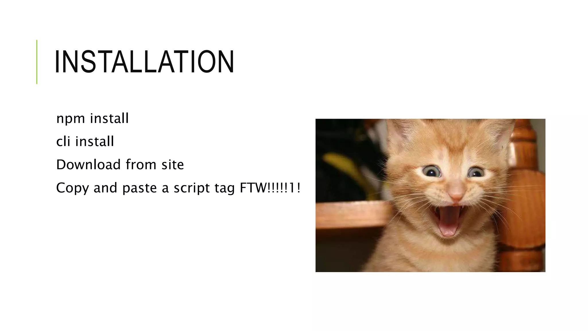 INSTALLATION
npm install
cli install
Download from site
Copy and paste a script tag FTW!!!!!1!
 