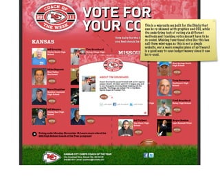 This is a microsite we built for the Chiefs that
can be re-skinned with graphics and CSS, while
the underlying tech of voting via different
methods and tracking votes doesn’t have to be
re-coded. Making functional sites like this (we
call them mini-apps as this is not a simple
website, nor a more complex piece of soft ware)
is a good way to save budget money since it can
be re-used.
 