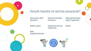 Gerçek hayatta ne işimize yarayacak?
Site içi/dışı SEO
denetimi
Rakip analizi
Risk
Değerlendirmesi
Manuel işlemden
kurtarma
Algoritma sonrası
toparlama
Web görünürlüğü
ölçüm uyarlama
Eğitim
 
