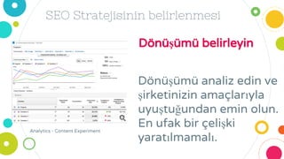SEO Stratejisinin belirlenmesi
Dönüşümü analiz edin ve
şirketinizin amaçlarıyla
uyuştuğundan emin olun.
En ufak bir çelişki
yaratılmamalı.
Dönüşümü belirleyin
Analytics - Content Experiment
 