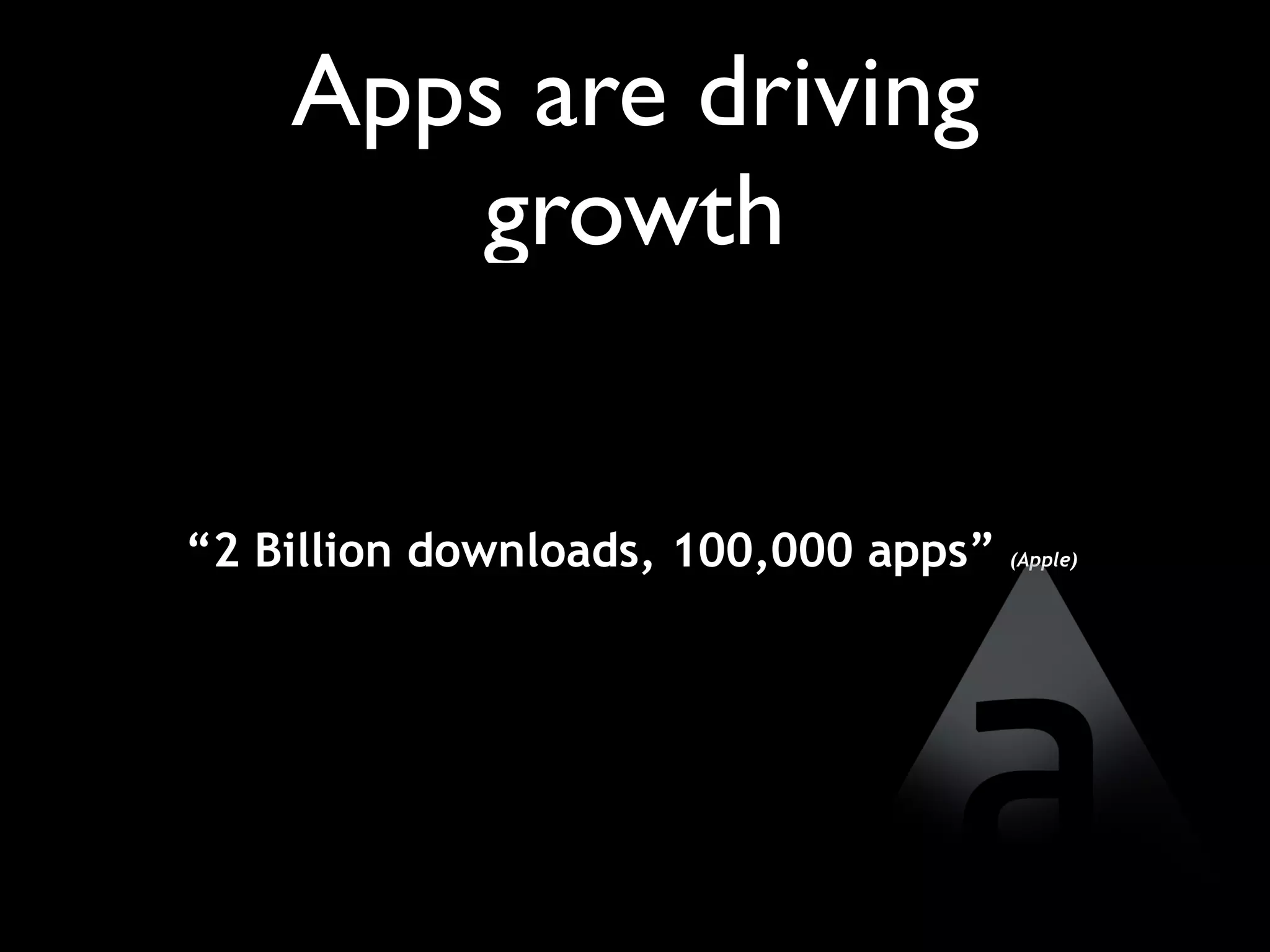 Apps are driving
        growth


“2 Billion downloads, 100,000 apps” (Apple)
 
