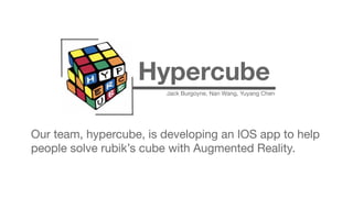 Hypercube
Our team, hypercube, is developing an IOS app to help
people solve rubik’s cube with Augmented Reality.
Jack Burgoyne, Nan Wang, Yuyang Chen
 