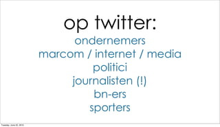 op twitter:
                               ondernemers
                         marcom / internet / media
                                  politici
                              journalisten (!)
                                  bn-ers
                                 sporters
Tuesday, June 22, 2010
 