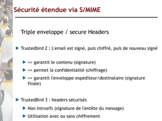 Sécurité étendue via S/MIME


  Triple enveloppe / secure Headers

  Trustedbird 2 : L'email est signé, puis chiffré, puis de nouveau signé


     => garantit le contenu (signature)
     => permet la confidentialité (chiffrage)
     => garantit l'enveloppe expéditeur/destinataire (signature
     finale)


  TrustedBird 3 : headers sécurisés
     Non intrusifs (signature de l'entête du message)
     Utilisation avec ou sans chiffrement
 
