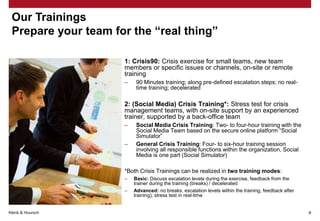 Klenk & Hoursch 4
Our Trainings
Prepare your team for the “real thing”
1: Crisis90: Crisis exercise for small teams, new team
members or specific issues or channels, on-site or remote
training
– 90 Minutes training; along pre-defined escalation steps; no real-
time training; decelerated
2: (Social Media) Crisis Training*: Stress test for crisis
management teams, with on-site support by an experienced
trainer, supported by a back-office team
– Social Media Crisis Training: Two- to four-hour training with the
Social Media Team based on the secure online platform “Social
Simulator”
– General Crisis Training: Four- to six-hour training session
involving all responsible functions within the organization, Social
Media is one part (Social Simulator)
*Both Crisis Trainings can be realized in two training modes:
– Basic: Discuss escalation levels during the exercise, feedback from the
trainer during the training (breaks) / decelerated
– Advanced: no breaks, escalation levels within the training, feedback after
training); stress test in real-time
 