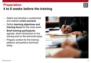 Klenk & Hoursch 8
– Select and develop a customized
and realistic crisis scenario
– Define learning objectives and
training focus for the crisis team
– Brief training participants:
agenda, short introduction to the
training and on the technical setup
– Prepare content for the training
platform and perform technical
setup
Preperation
4 to 6 weeks before the training
 