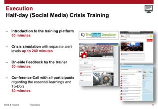 Klenk & Hoursch 9
Execution
Half-day (Social Media) Crisis Training
– Introduction to the training platform
30 minutes
– Crisis simulation with separate alert
levels up to 240 minutes
– On-side Feedback by the trainer
30 minutes
– Conference Call with all participants
regarding the essential learnings and
To-Do‘s
30 minutes
*exemplary
 
