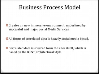 Business Process Model
0 Creates an new immersive environment, underlined by
successful and major Social Media Services.
0 All forms of correlated data is heavily social media based.
0 Correlated data is sourced form the sites itself, which is
based on the REST architectural Style
 