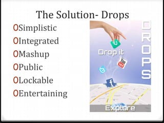 The Solution- Drops
0Simplistic
0Integrated
0Mashup
0Public
0Lockable
0Entertaining
 