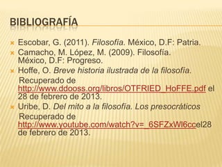 BIBLIOGRAFÍA
Escobar, G. (2011). Filosofía. México, D.F: Patria.
Camacho, M. López, M. (2009). Filosofía.
México, D.F: Progreso.
Hoffe, O. Breve historia ilustrada de la filosofía.
Recuperado de
http://www.ddooss.org/libros/OTFRIED_HoFFE.pdf el
28 de febrero de 2013.
Uribe, D. Del mito a la filosofía. Los presocráticos
Recuperado de
http://www.youtube.com/watch?v=_6SFZxWl6ccel28
de febrero de 2013.