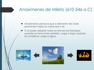 Anaxímenes de Mileto (610-546 a.C)
 Anaxímenes pensava que o elemento de onde
provinham todas as coisas era o ar;
 O ar pode adoptar todas as formas da Natureza:
quando se torna mais rarefeito, surge o fogo; quando
se condensa, surge a água.
 