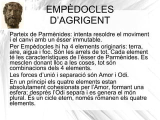 PRINCIPALS PRESOCRÀTICS MILESIS PITAGÒRICS ELÈATES (MONISTES) PLURALISTES TALES DE MILET ANAXIMANDRE DE MILET ANAXÍMENES DE MILET PITÀGORES HERÀCLIT PARMÈNIDES EMPÈDOCLES ANAXÀGORES DEMÒCRIT 