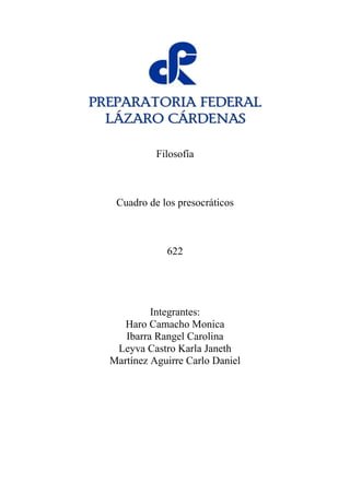 Filosofía
Cuadro de los presocráticos
622
Integrantes:
Haro Camacho Monica
Ibarra Rangel Carolina
Leyva Castro Karla Janeth
Martínez Aguirre Carlo Daniel
 