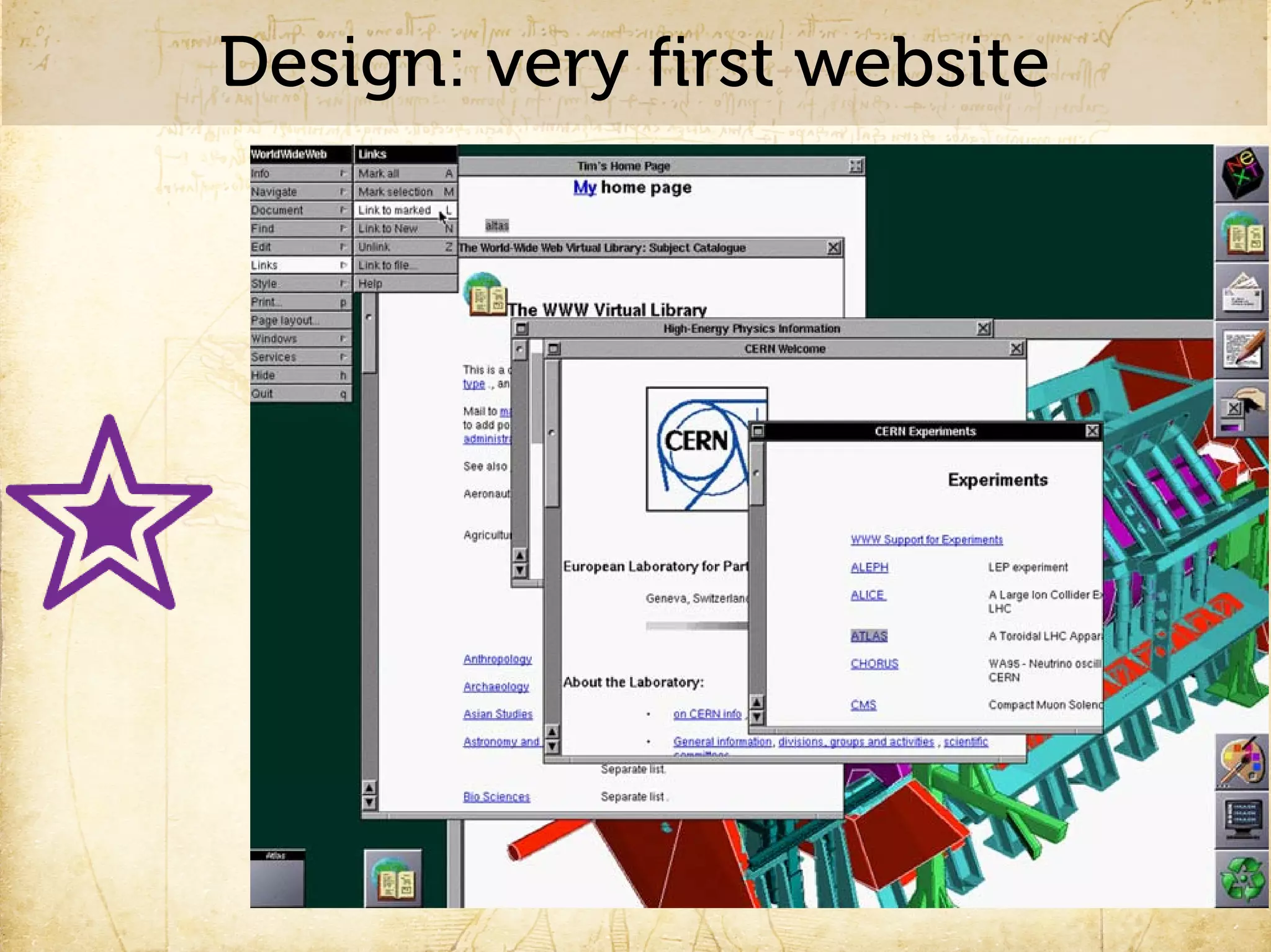 Design: very first website
 Add examples of web design from that
    period
 1. First website ever
 2. Typical geocities
 3. Professional
 4. Under construction animated gifs and
    rainbow <hr>s
 