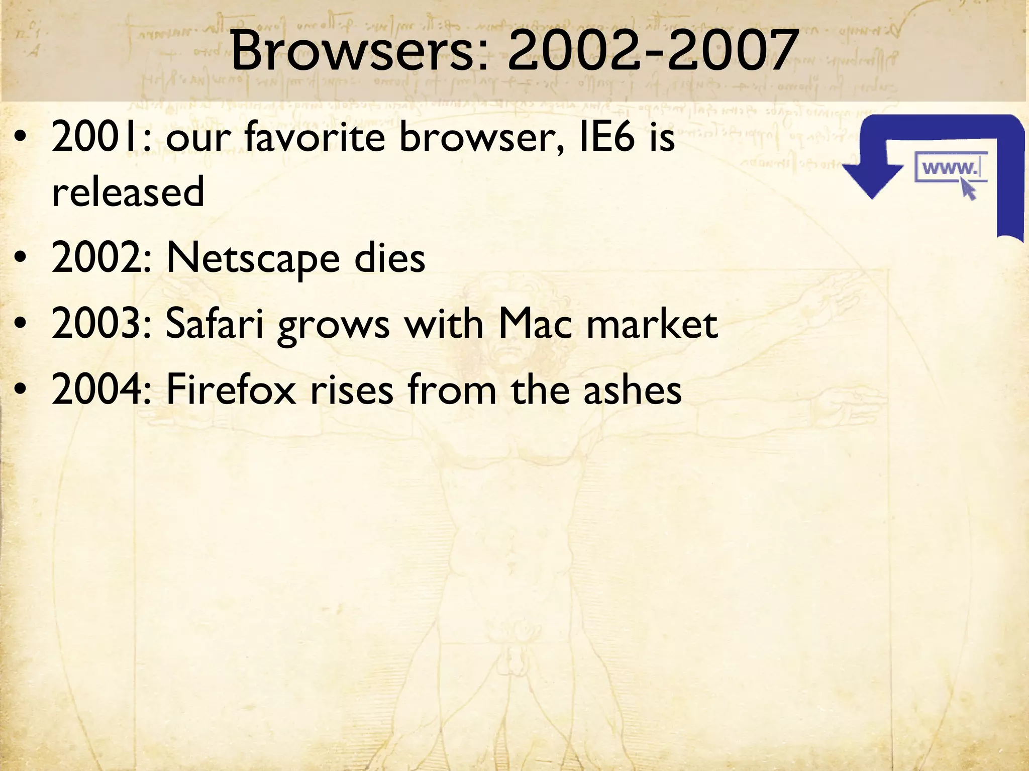 Browsers: 2002-2007
• 2001: our favorite browser, IE6 is
  released
• 2002: Netscape dies
• 2003: Safari grows with Mac market
• 2004: Firefox rises from the ashes
 
